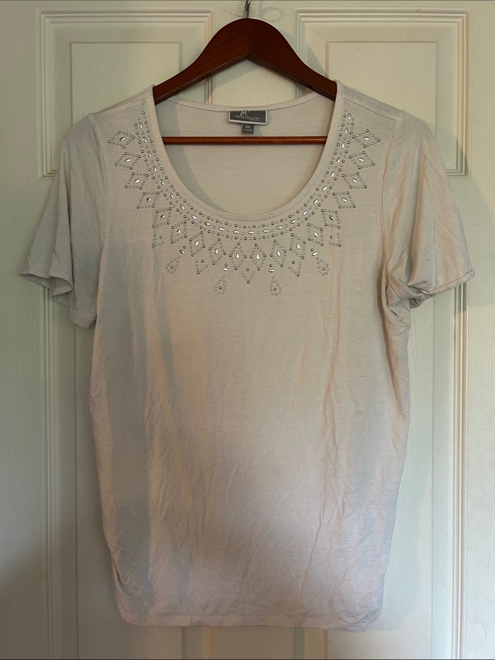 JM Collection White Short Sleeve Scoop Neck Tee with Rhinestone Trim